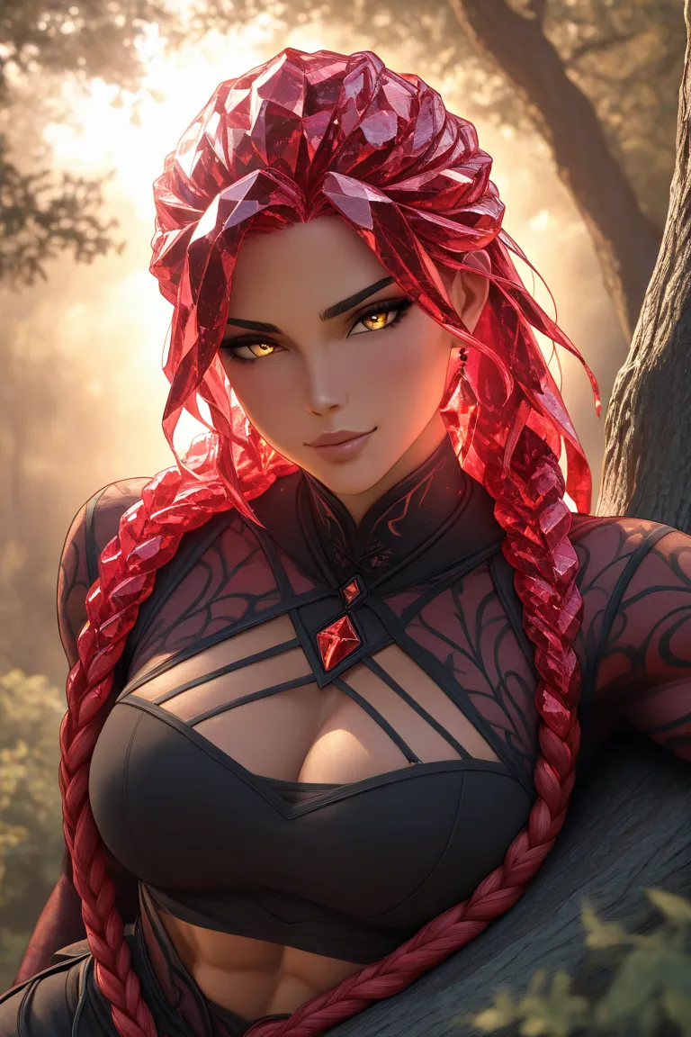 Absurdres, highres, crystal hair, crystalline hair, gold eyes, detailed background, red crystal hair, mischievous expression, woman, high res, sunlighting, ray tracing, lounging on a tree, extra long braided hair, seductive, muscular, shredded clothes