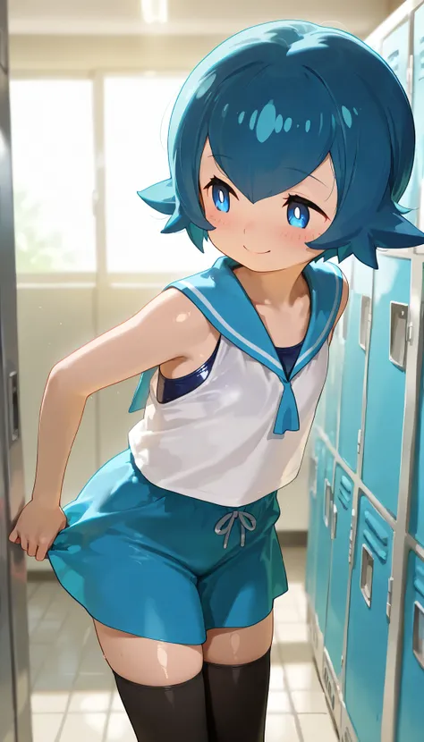 high resolution picture, masterpiece, best quality, amazing quality, solo, 1girl,lana, toddler body,smile,flat chest,shiny skin,blush,black thighhighs, blue sailor collar, blue skirt, collarbone, one-piece swimsuit, pants, sailor collar, shirt, sleeveless,...