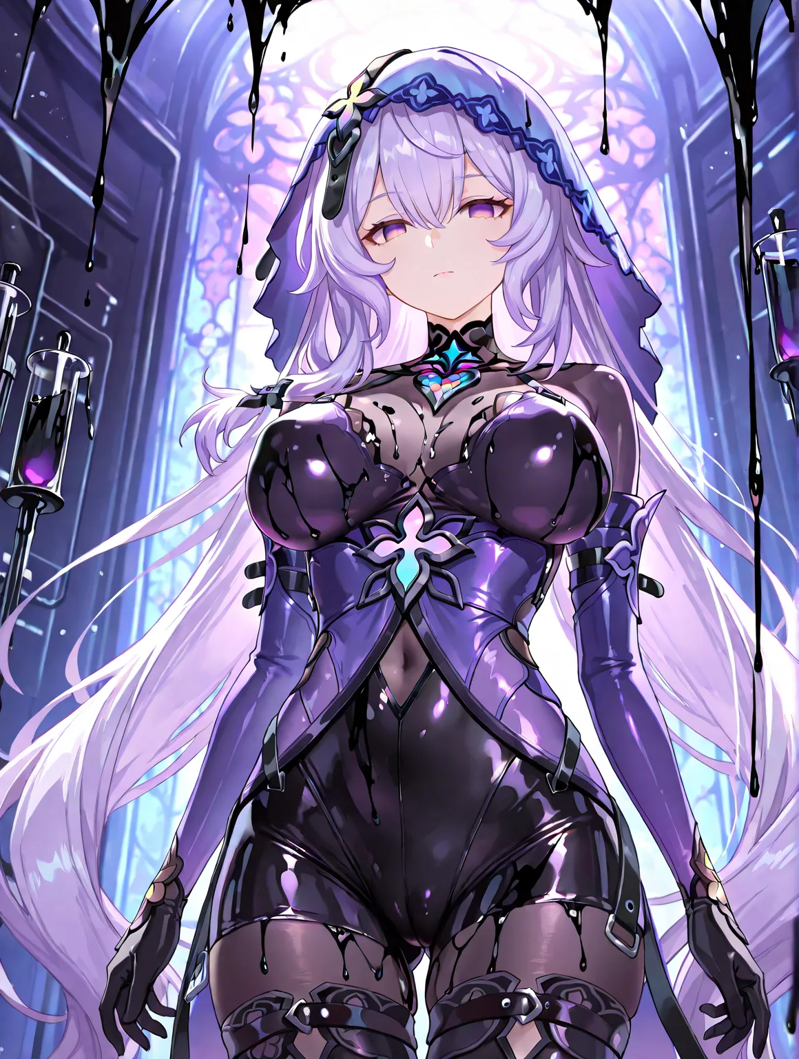 {{{high detail}}} Black Swan\(Honkai: Star Rail\),(( purple glowing jewelry)), underbust, breasts, (two breast),((empty eyes)),purple eyes, glowing eyes,serious, expressionless, (( latex skin tight, tight, skin black tight,black latex tight a glossy outfit...