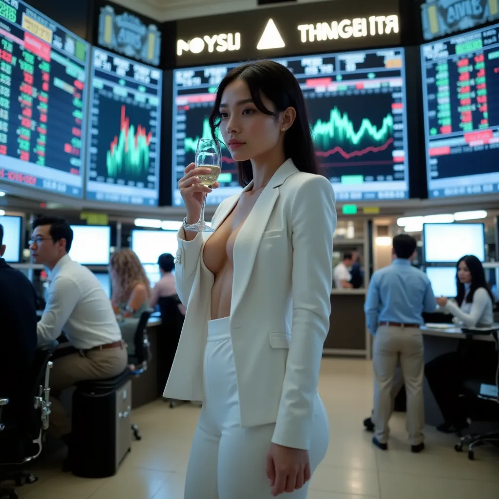 Prompt 4: A hyper-realistic cinematic full-body shot of a stunning 45-year-old woman with sleek jet-black hair, standing tall in a Wall Street trading floor, surrounded by massive LED screens displaying stock prices and financial charts. She wears a tailor...