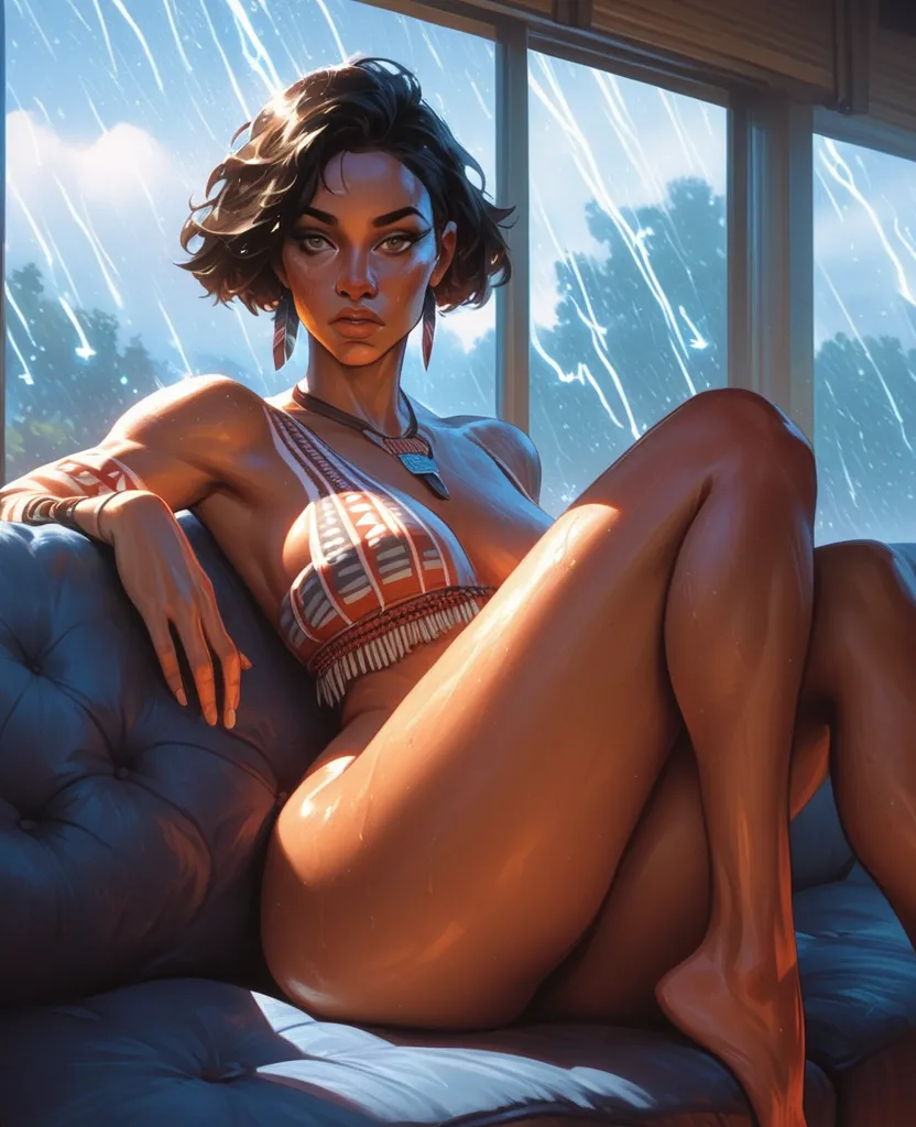 adult female, brown skin(native American heritage), short hair, gray eyes, nervous expression, sitting behind couch, hiding from thunderstorm outside,  lightning touchdown, in living room, storm seen through window, high contrast, highly detailed