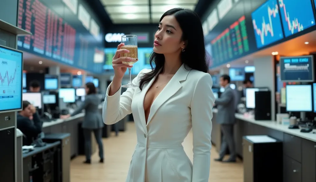 Prompt 4: A hyper-realistic cinematic full-body shot of a stunning 45-year-old woman with sleek jet-black hair, standing tall in a Wall Street trading floor, surrounded by massive LED screens displaying stock prices and financial charts. She wears a tailor...