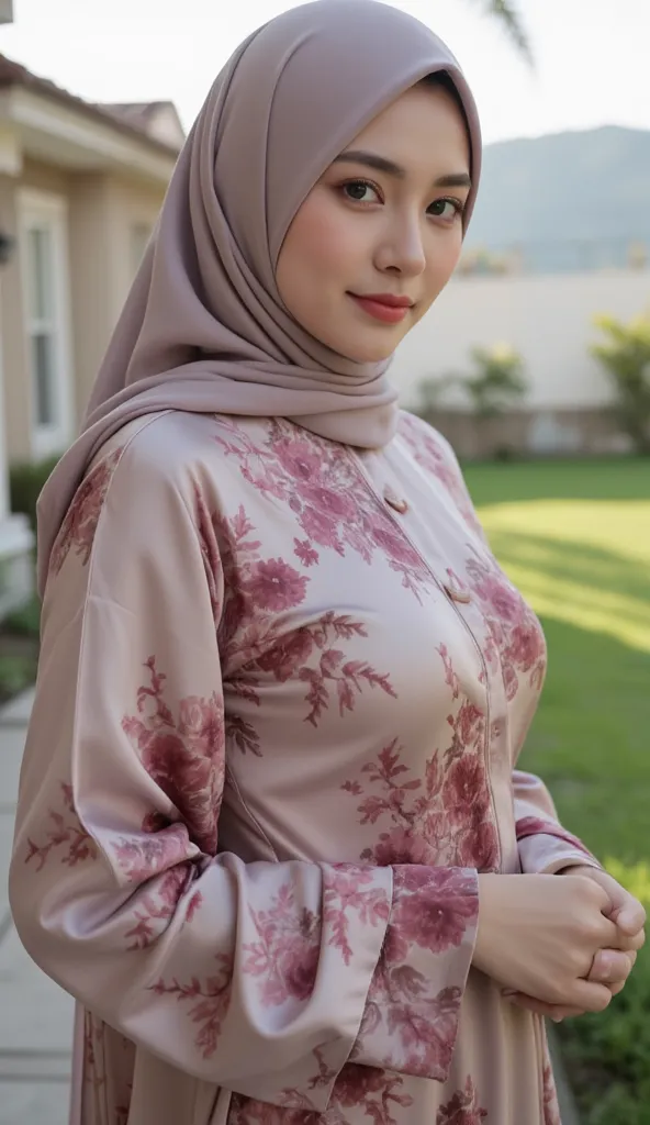 Close-up of a woman wearing a luxurious hijab, a loose floral patterned shiny satin abaya, and natural breasts, from the side, looking at the camera outdoors.