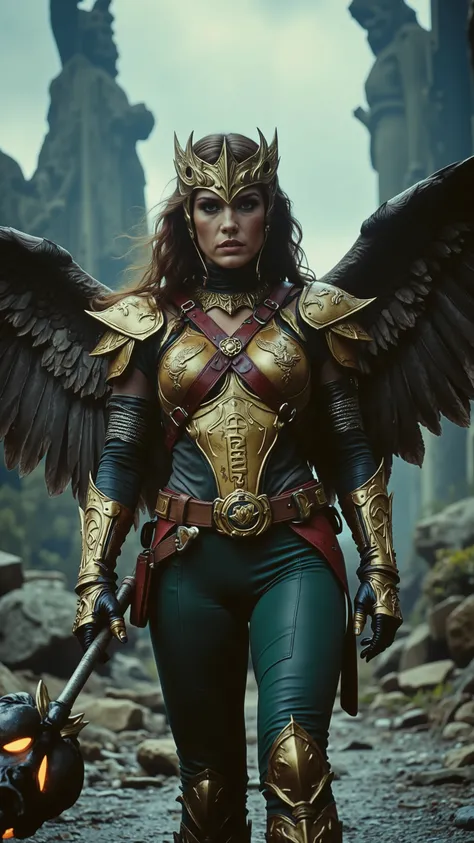 A cinematic close-up scene from a Hawkgirl film, featuring Hawkgirl portrayed by Adèle Exarchopoulos. She wears an intricately detailed golden and bronze armored bodice with engraved Thanagarian symbols, a red leather harness securing her battle-worn chest...