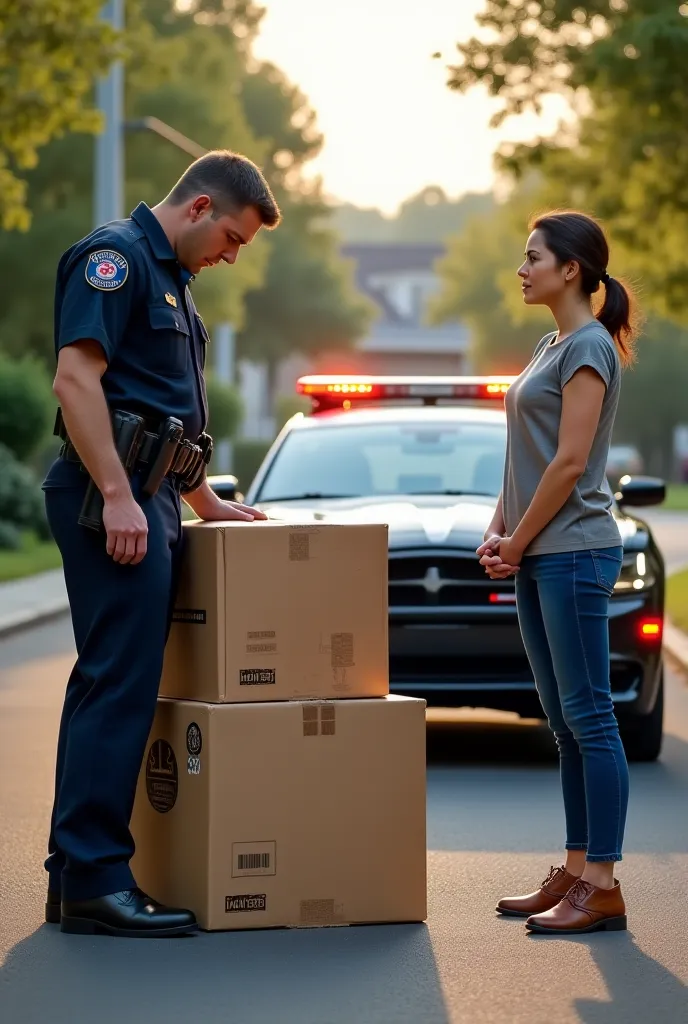 A police officers checking a big delivery box on the car by the road side with the delivery guy 
