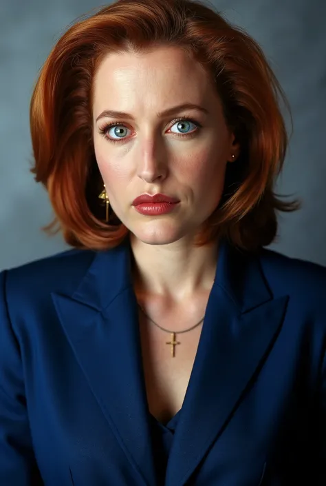 A woman 35 years, 1 girl, a hyper-realistic photo of Gillian Anderson as Dana Scully, featuring a beautifully detailed face with captivating eyes and a serene expression, The image showcases her natural beauty, focusing on her flawless skin and delicate fe...