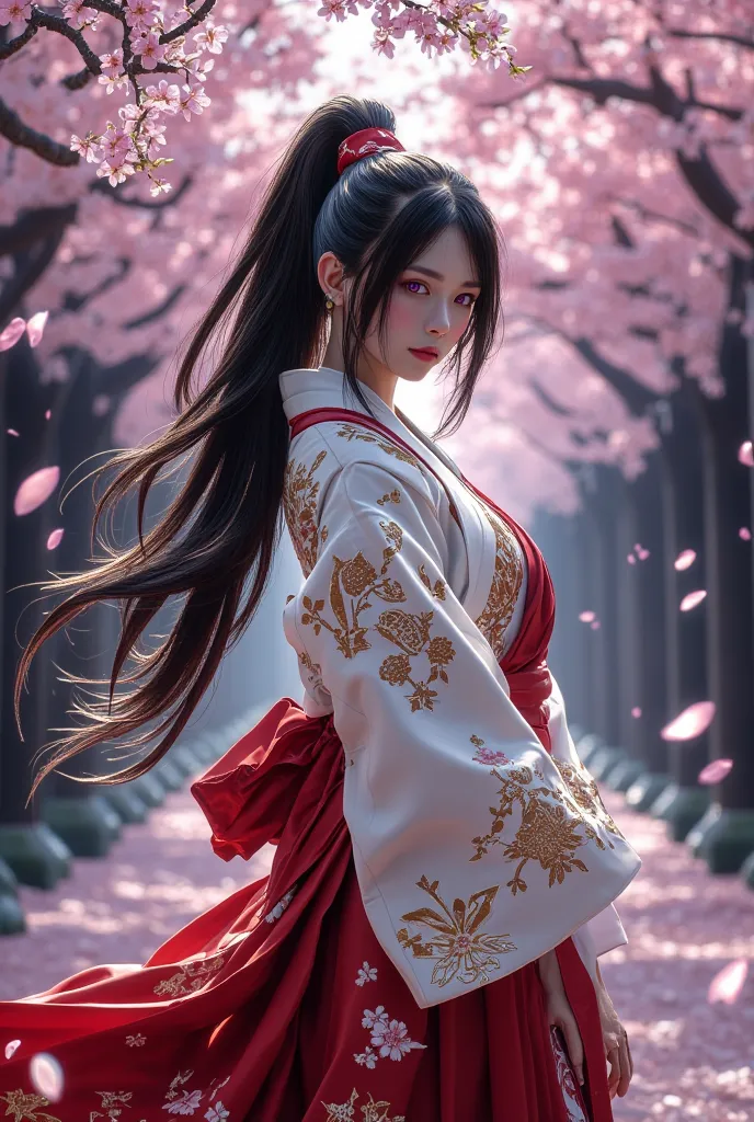 4K anime style quality, digital drawing mode, a graceful yet deadly samurai priestess with long, flowing black hair tied in a ponytail, deep violet eyes filled with unwavering resolve, wearing a white and red miko outfit with golden embroidery, standing in...