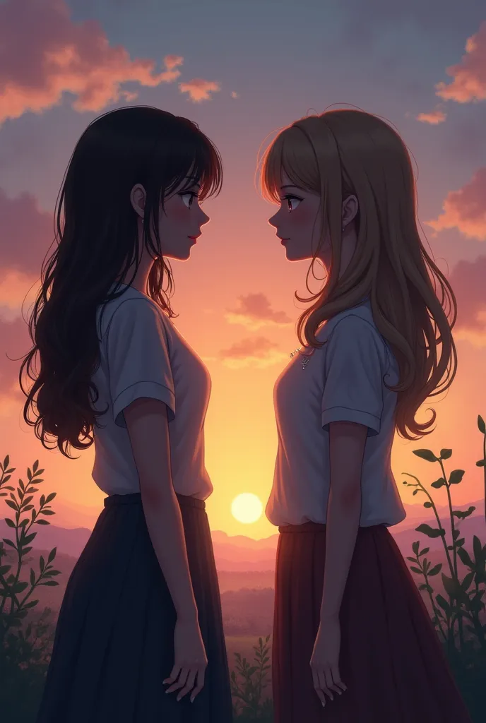 Two girls stand opposite each other in the twilight 