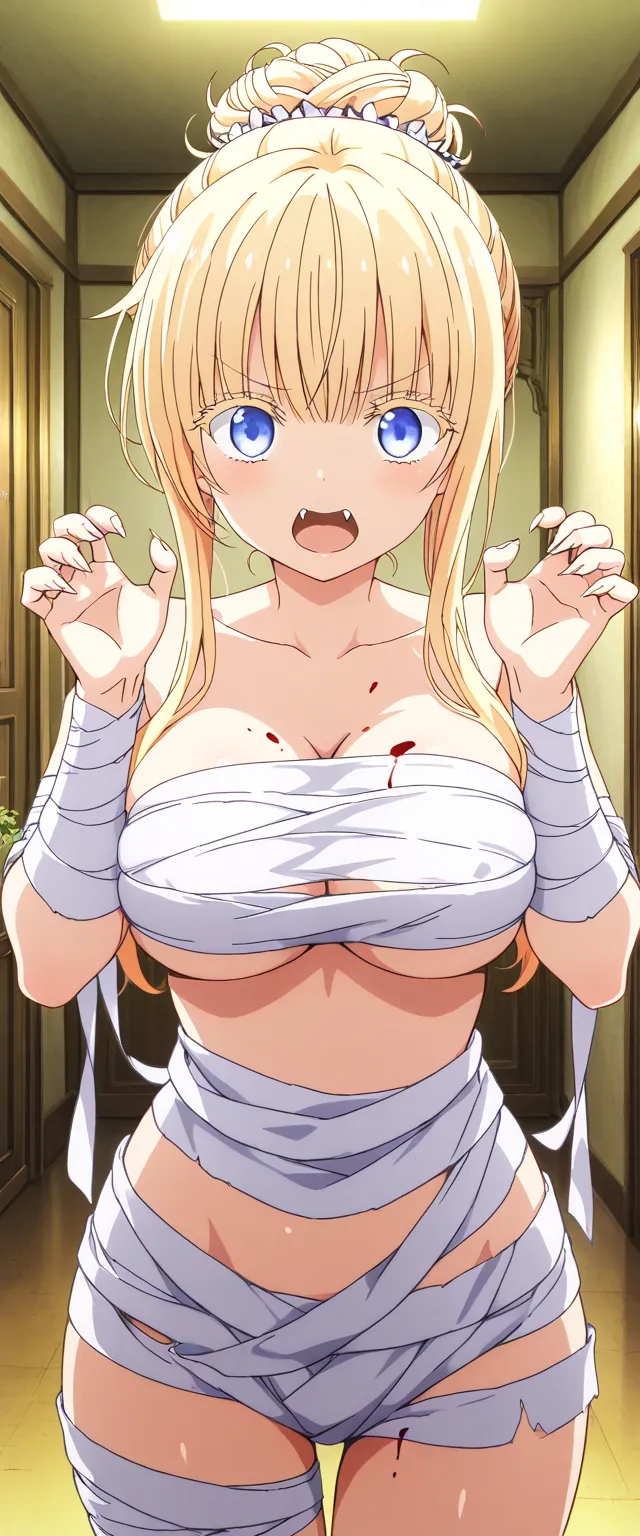 (Masterpiece), best quality, expressive eyes, juliet persia,  Kishuku Gakkou no Juliet, , yellow hair, blue eyes, perfect face,1girl,solo , large breasts, Glare in the eyes , frightening face, mouth open, open mouth, Looking at the viewer, room , wrapped i...