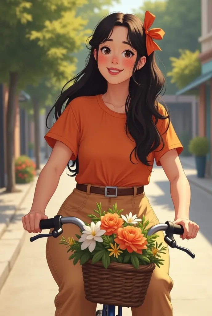 A dark-haired mother with a bow , And wearing pants and belt,  and an orange t-shirt on a bicycle with a flower basket in size to be included in the TikTok video