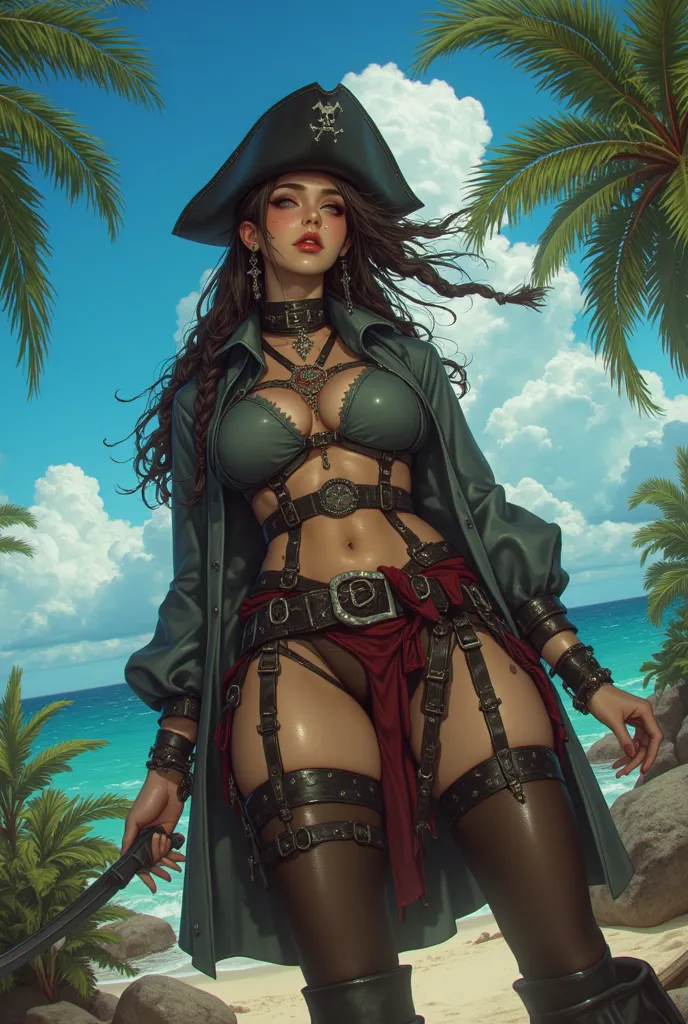 sweaty female pirate (sexy expression), face facing downwards, wearing pirate clothes, captured from below super low angle, blue sky ,palm trees with clouds background safe for work