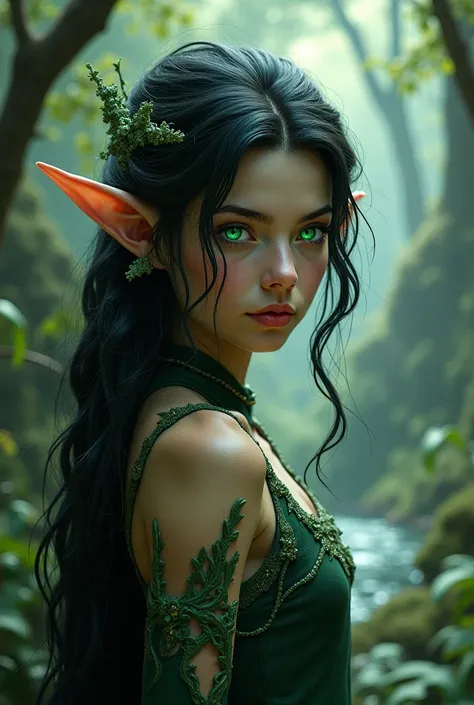 An elf girl with crystalline green eyes and black hair