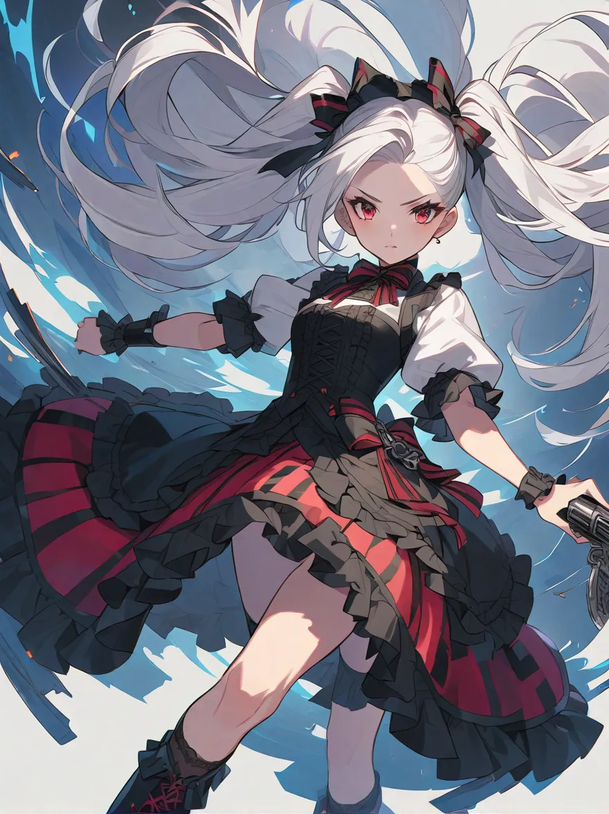 white hair， girl， Red，twintails， ，girl，strong，Lolita Outfit，黒と赤のLolita Outfit，centred bangs，Revolver on the foot，