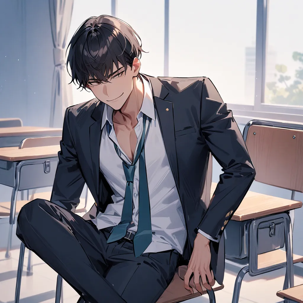 A tall and well-built high school boy with short, neatly trimmed black hair and sharp, dark brown eyes. His skin is slightly tanned, and he has a confident smirk on his face. He wears a standard high school uniform, but his shirt is slightly unbuttoned at ...