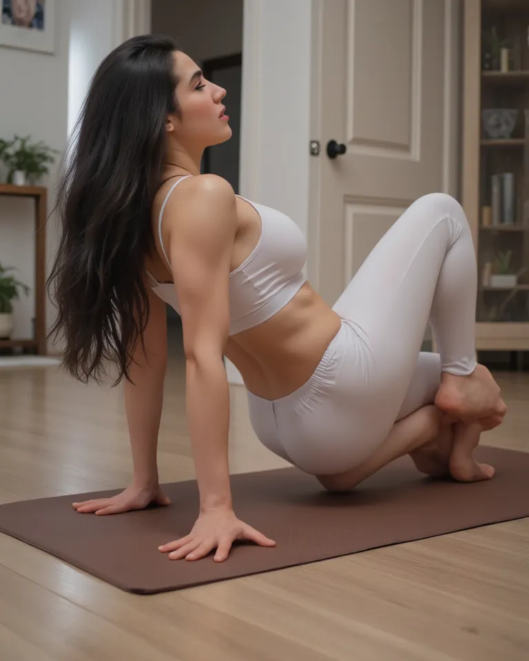 She is performing a yoga in sensual posing., she even looks like in ecstasy., The camera angle appears to be a low behind angle, positioned near floor level and slightly off-center to the model’s left. This angle provides a side view of the person’s postur...