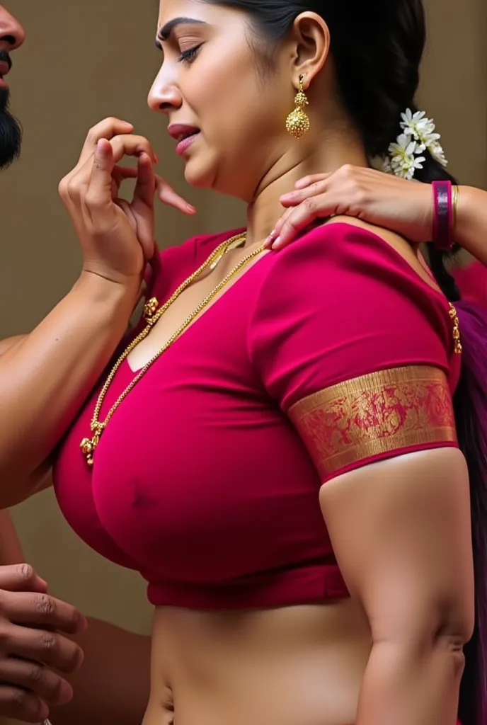 Beautiful woman, women pushing a man away, man hands reaching for women shoulder, saree in hand of man