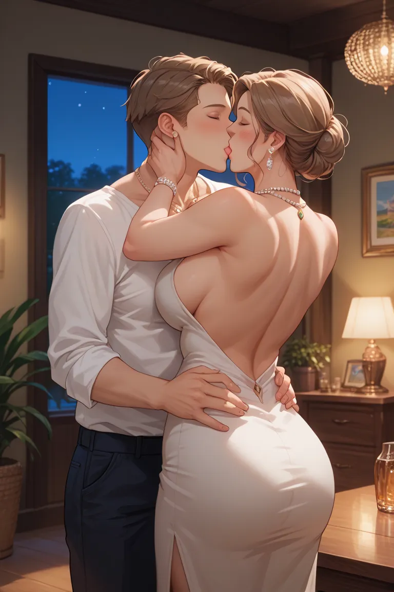  pub backless fashion design dress, Without  score_9,  score_8_up,  score_7_up,  source_anime, 1boy, 1 girl,  mature woman in sexy revealing dress , necklaces,  mother and son,  ,  Kissing  ,  romantic, night, in the living room, ( Hit the wall ) (from beh...