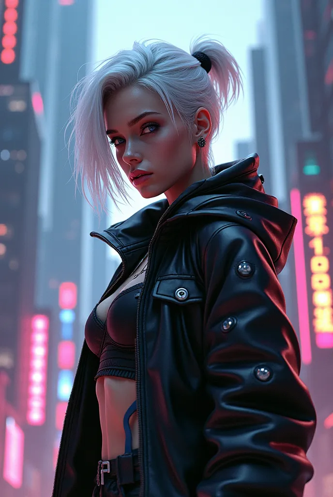  young, muscular, white hair, cyborg, cyberpunk girl,  black jacket, futurist, Neon lights