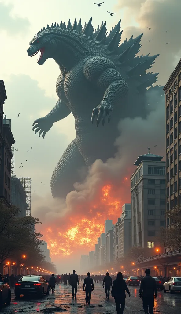 Godzilla unleashes destruction upon the city, breathing fire, toppling skyscrapers, and smashing bridges. The streets are filled with chaos, with explosions and debris flying everywhere.