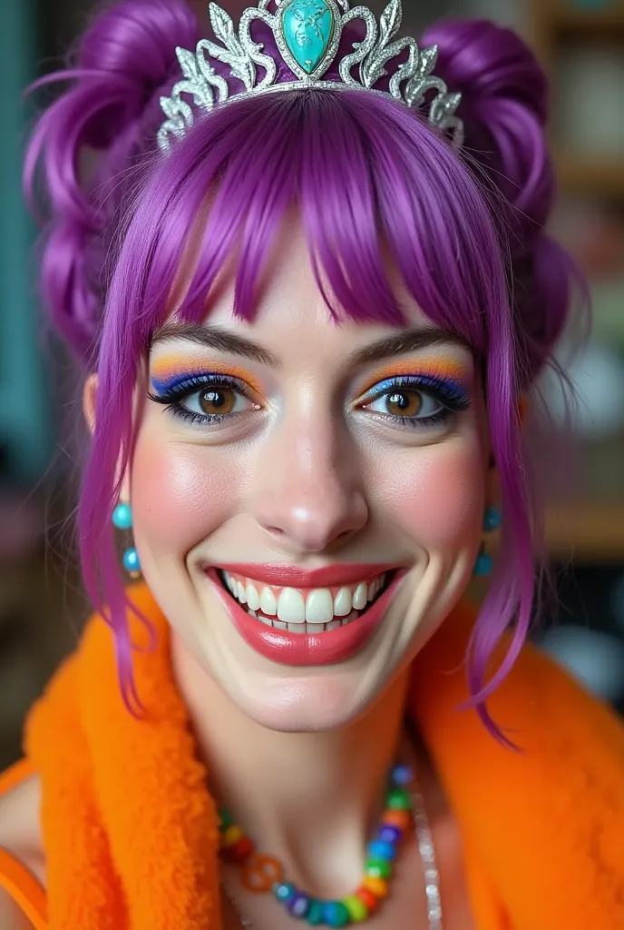 Daphne from Scooby Doo cosplay, face close-up, bright makeup, laughs, silver tiara on the head