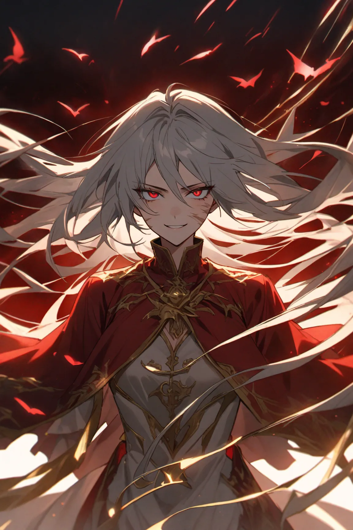 hair:Cang,gold,Long,Slight crease,前hairLong,Fluttering in the wind,pupil:deep red,sharp,Passionate gaze,Shadow of madness and obsession, Emoji:Rin々like,Confident smile,But also exuding possessiveness,skin:Whitening,Several battle scars,