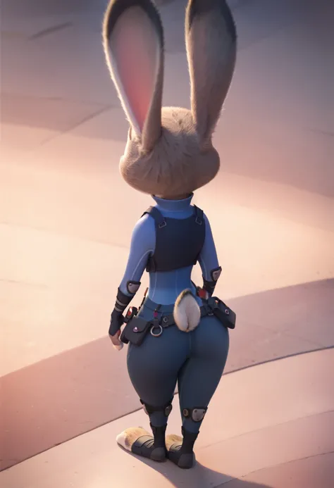 masterpiece, judy hopps, blue fur, Wide hips, on a city, police uniform, full body, crossing legs, back, pov from bellow