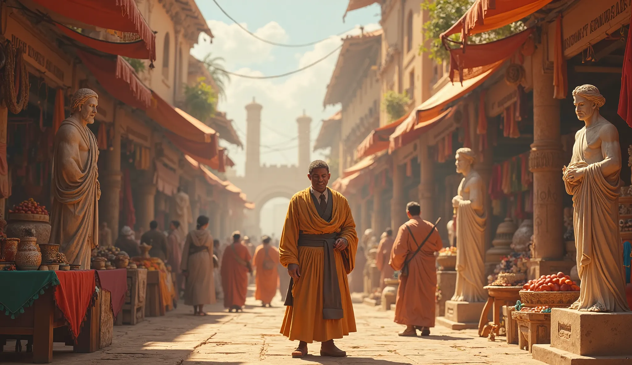 A bustling ancient marketplace alive with color and energy. Merchants trade goods, musicians play instruments, and ren laugh under the warm sunlight. Amidst this lively scene, a stoic figure smiles gently, enjoying the moment without attachment. Marble sta...