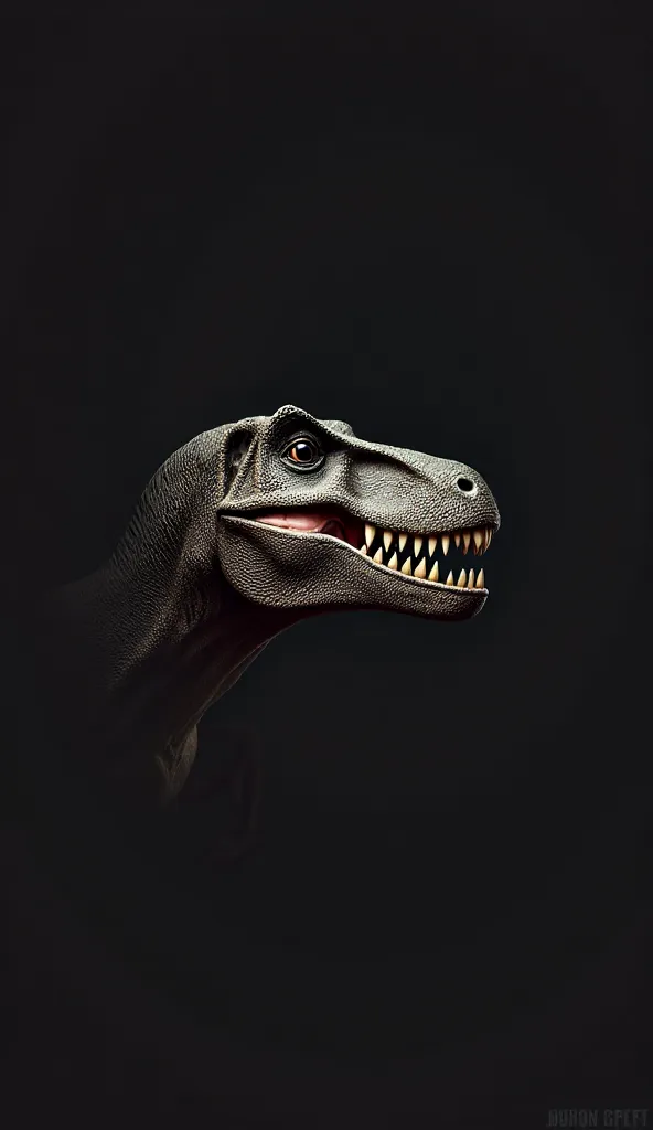 Create a high-resolution, terrifying horror wallpaper featuring a realistic T-Rex dinosaur emerging from a pitch-black background. The T-Rex should be barely visible, with only the front of its massive face subtly illuminated, revealing deep-set, menacing ...