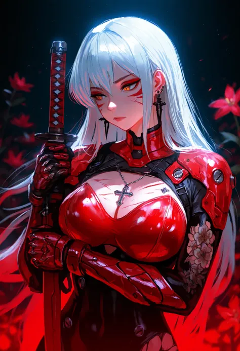 artist:, A stylized portrait of a woman with a striking and detailed appearance. She has light skin and is adorned with intricate tattoos covering her arms, chest, and neck, including dragon and flower designs. Her white hair is styled in a voluminous, tou...