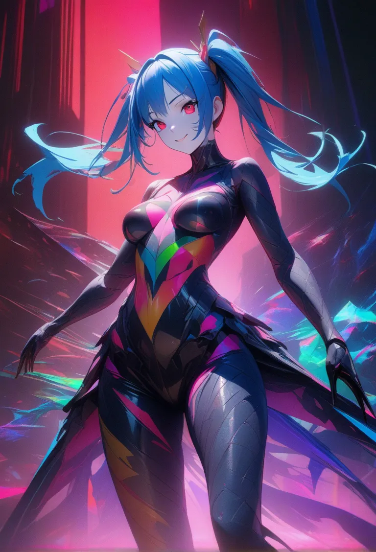 miraculous fusion of 8k octane and abstract painting、Surrealist、one girlの8kオクタン、 by Pablo Picasso 、one girl、Blue hair and red twin tails、red eyes、smile、accurate human body type based on anatomy、Ultra Realistic Textured Skin、The entire painting is expressed...