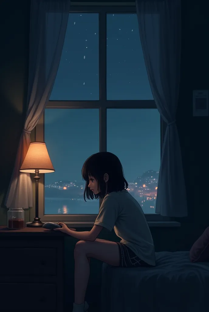 Create a image of a girl sitting near window facing outside at night and depressed 