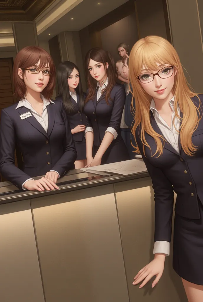 3 hotel receptionist girls  ,  1 blonde girl  , 2 brunettes with glasses with long hair , 3 dark brown hair and brown eyes 