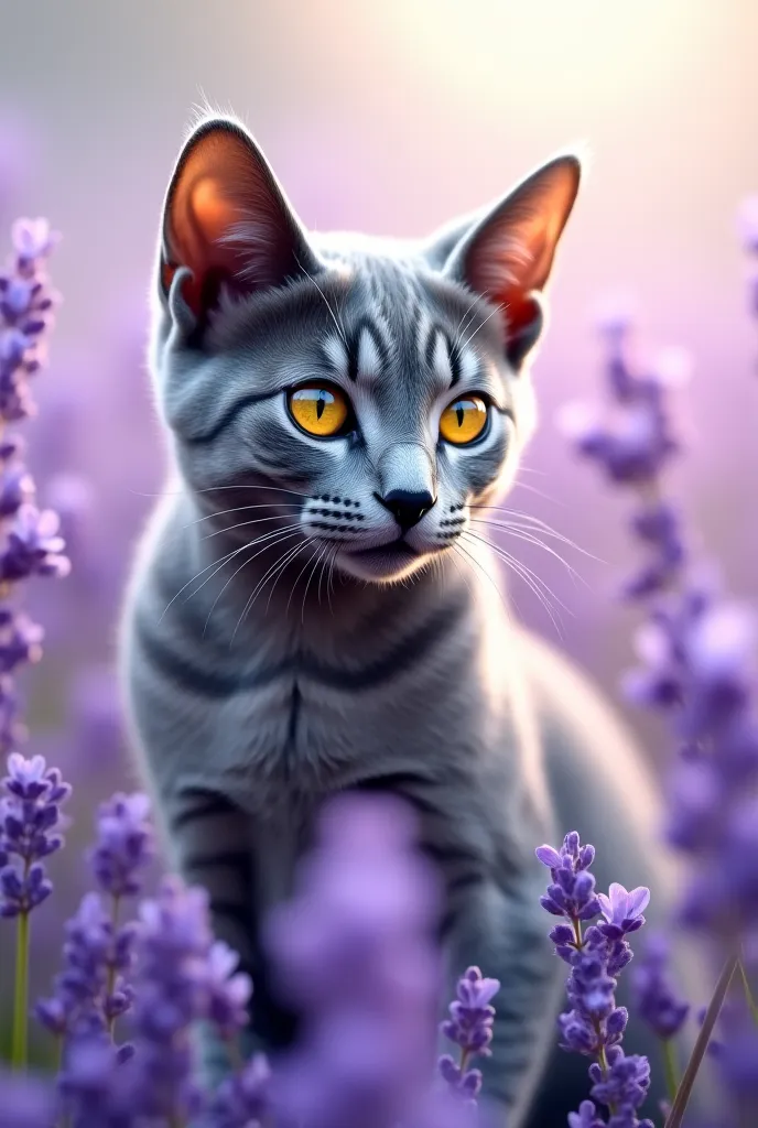 A gray MAU cat sits in lavender