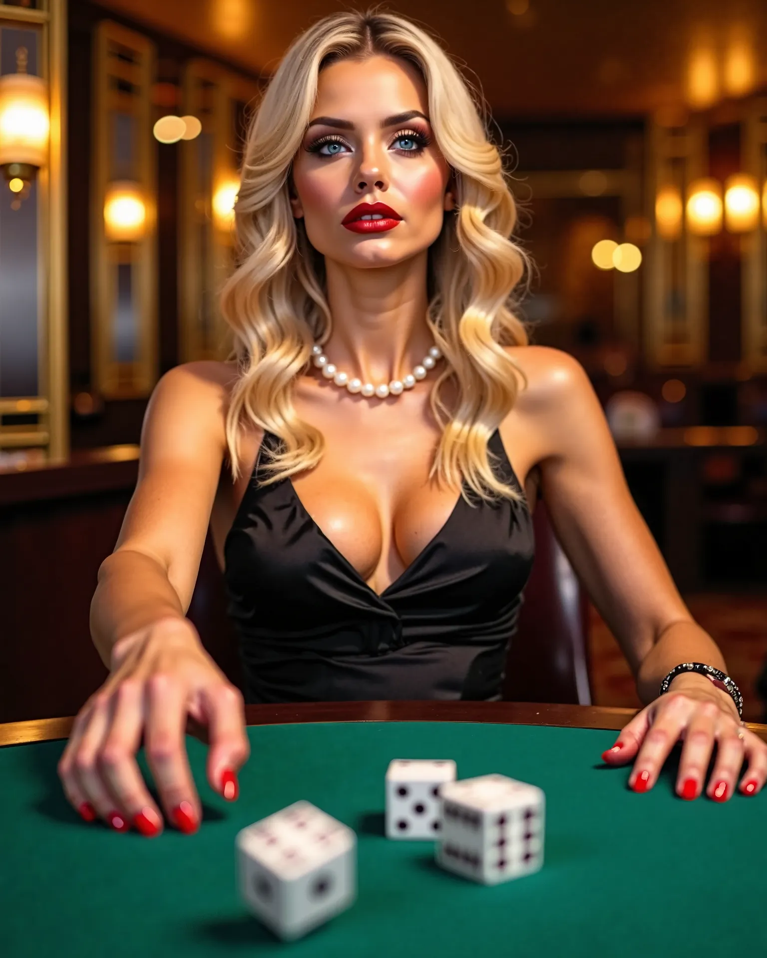 A stunning blonde woman with piercing blue eyes, impeccably sleek golden hair, and deep red lips stands poised at a luxurious casino gaming table. The golden glow of Monaco’s elite casino reflects against her flawless skin, enhancing her aura of mystery an...