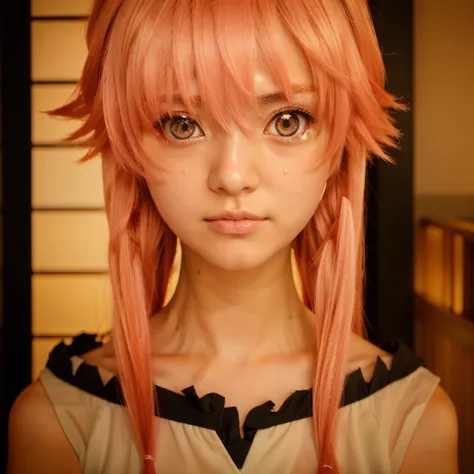 An anime woman sweating with long pink hair and pink eyes looking at the camera with a worried face, primer plano Mirai Nikki, primer plano de Mirai Nikki, Chica anime llamada yuno gaai, Mirai Nikki, Gasai yuo, female anime character, Inspired by Sakae Esu...