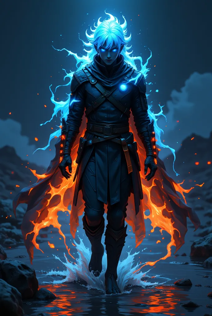 "An intense anime warrior with glowing neon blue eyes, walking through shallow water at night. Their hair and cloak are illuminated with bioluminescent blue and fiery orange energy patterns, resembling fire and electricity. The background is dark and myste...