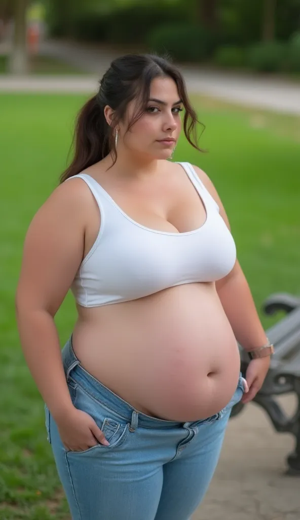 In the park, high angle view, a massive ass pawg voluptous obese bbw 27-year old white brazilian student with huge fat protruding bloated saggy belly standing near bench, side view brunette slickback ponytail, slight face wrinkles, hoop earings, wide body,...