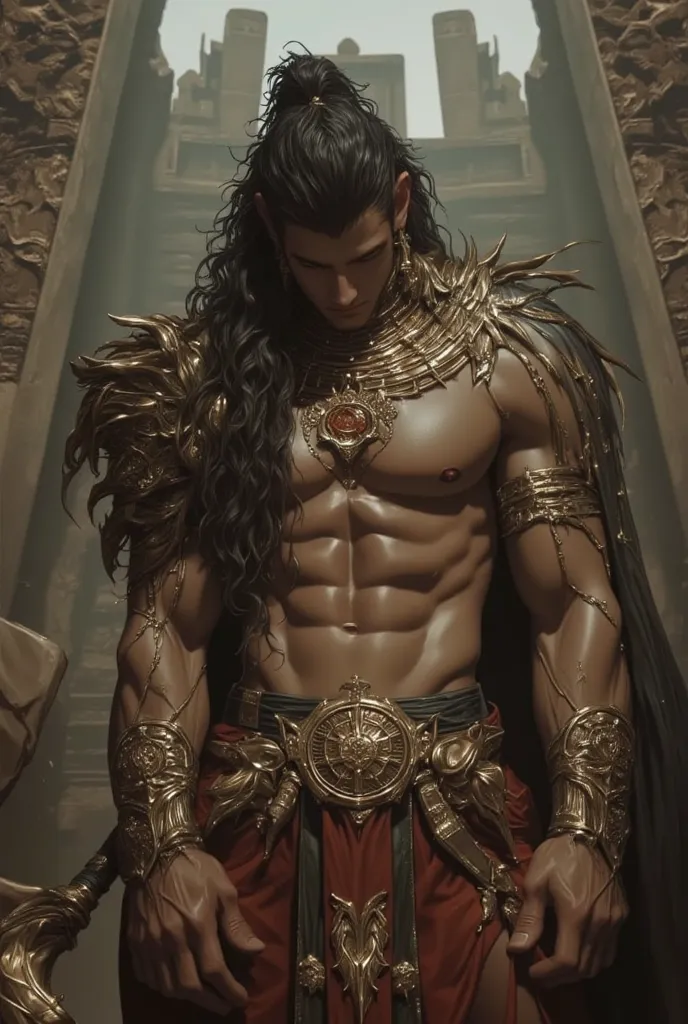 Powerful Mayan warrior, chest bared, lower body uncovered from thighs to feet, luxuriant long curls, meticulous muscle definition, photorealistic rendering, 4K resolution. Background: Ancient mayan temple complex,32k uhd, best quality, masterpiece, super d...