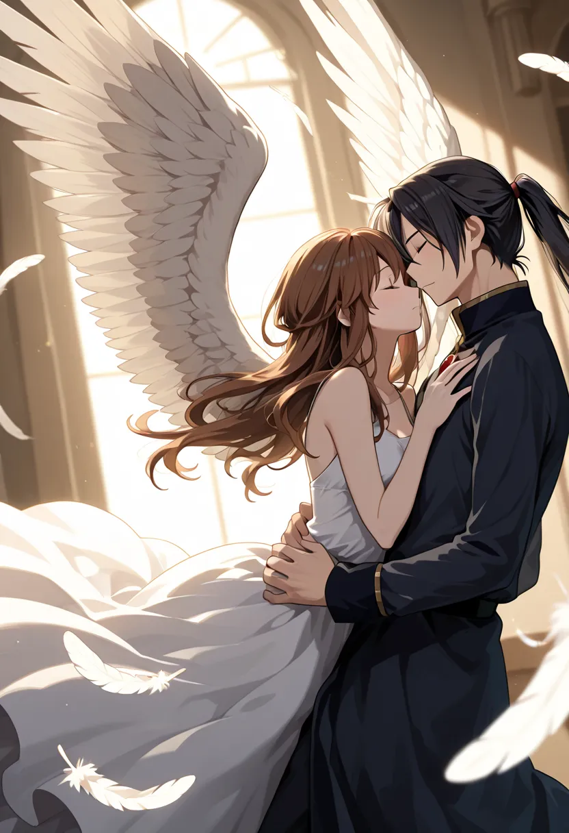 1girl, long hair, brown hair, black hair, 1boy, dress, ponytail, hetero, wings, feathers, couple