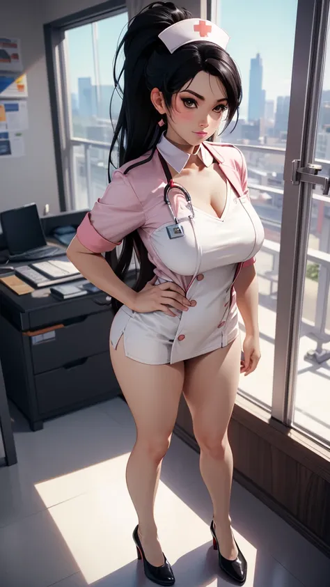 sexy nurse standing in a room, nurse girl, naughty nurse, range murata and artgerm, extremely detailed artgerm, (sfw) safe for work, sexy woman in a nurse uniform in hospital room, full body beauty, view from a far.