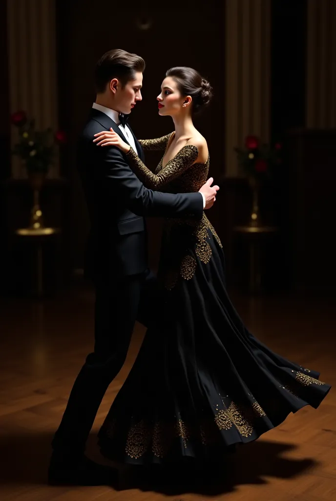 A black and gold colored couple dancing with embossing