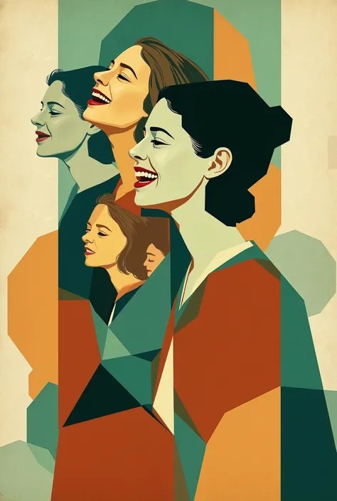 "Laughting woman in constructivist style, geometric abstraction, sequence of women with heads raised, aqua green and rust color palette, black details, paper texture background, soft pastel hues, minimalist, digital painting, serene composition"