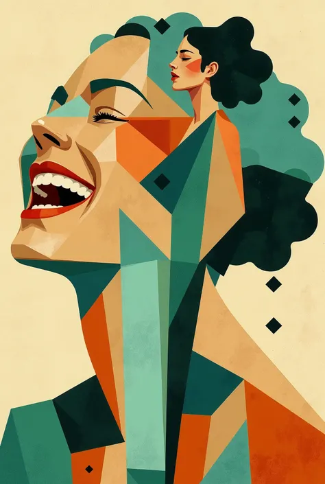 "Laughting woman in constructivist style, geometric abstraction, sequence of women with heads raised, aqua green and rust color palette, black details, paper texture background, soft pastel hues, minimalist, digital painting, serene composition"