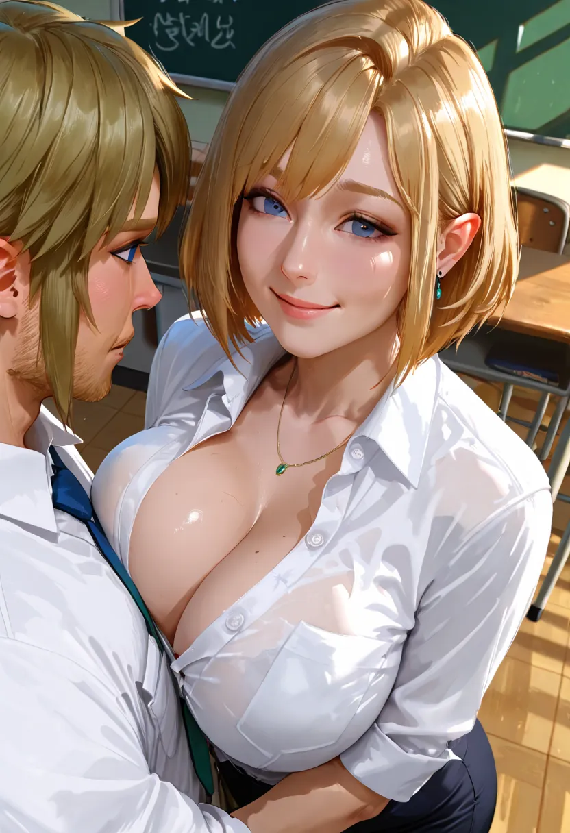 Link and Veran in the classroom, big breasts, , , white button shirt, office clothing, Link to Selfie from above. Link embraces her from behind, are 2 characters, man and woman. hug between 2. smile, Realistic style