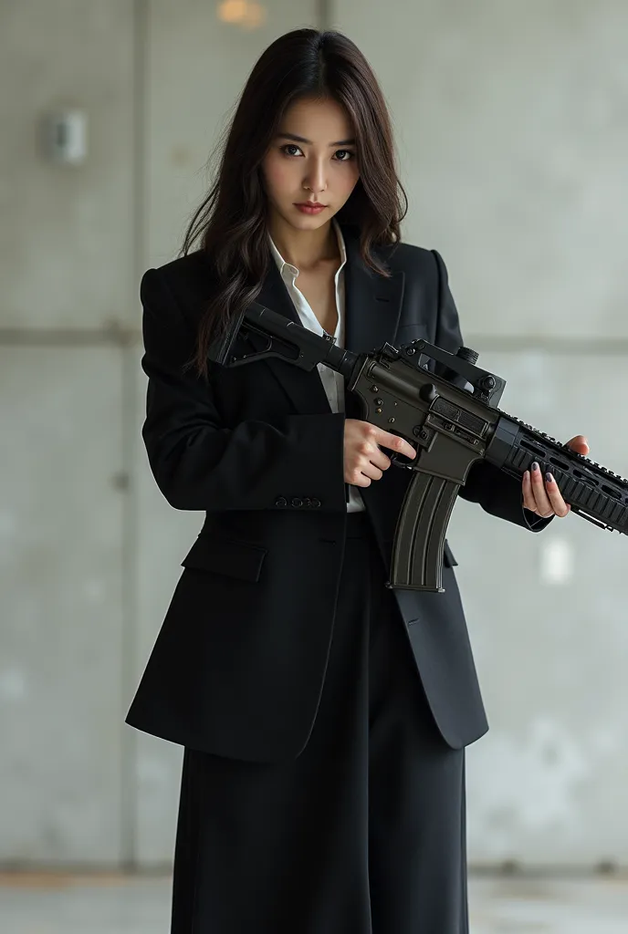 masterpiece, 8k,  photorealistic, beautiful Japanese woman with an assault rifle, business suit, long skirt, full body, slender, female assassin