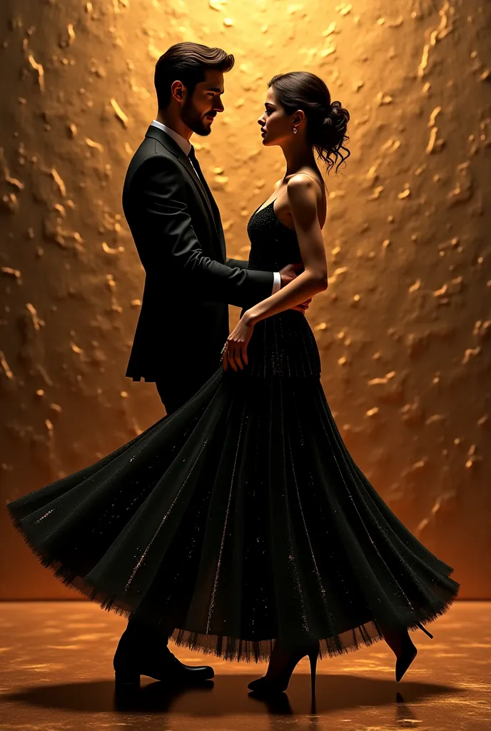  On the background is a picture . in the picture of a black and gold colored couple dancing with embossing