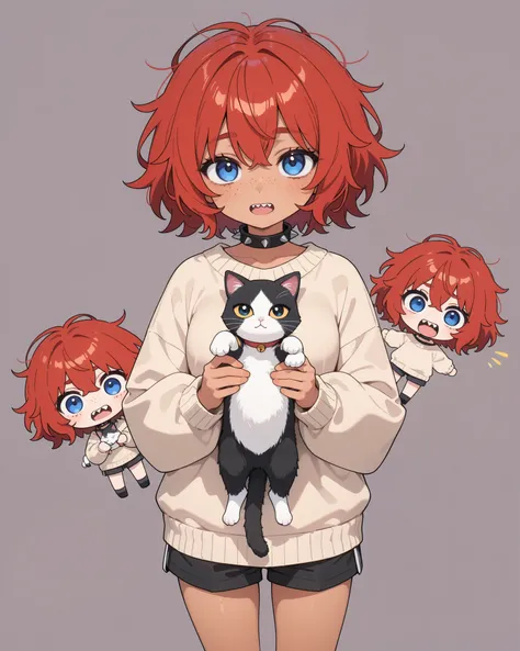 1girl, (chibi:1.5), cute,kawaii, blue eye, big eye,beautiful, tired eye, downturned eyes, tan skin, freckles,messy hair, red hair, (short hair), (puffy sweater, shorts), spiked choker,breast, ecstatic expression, sharp teeth, open mouth\), simple backgroun...