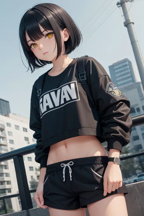  high definition,  boyish,   1 girl,  black hair, sporty shortcuts,  Asymmetric Hairstyles ,  Asymmetrical bangs,  yellow eyes,  There are three circles in the middle of the eye,  Skater Style Street Fashion, slightly oversized bottoms, standing, futanari,...