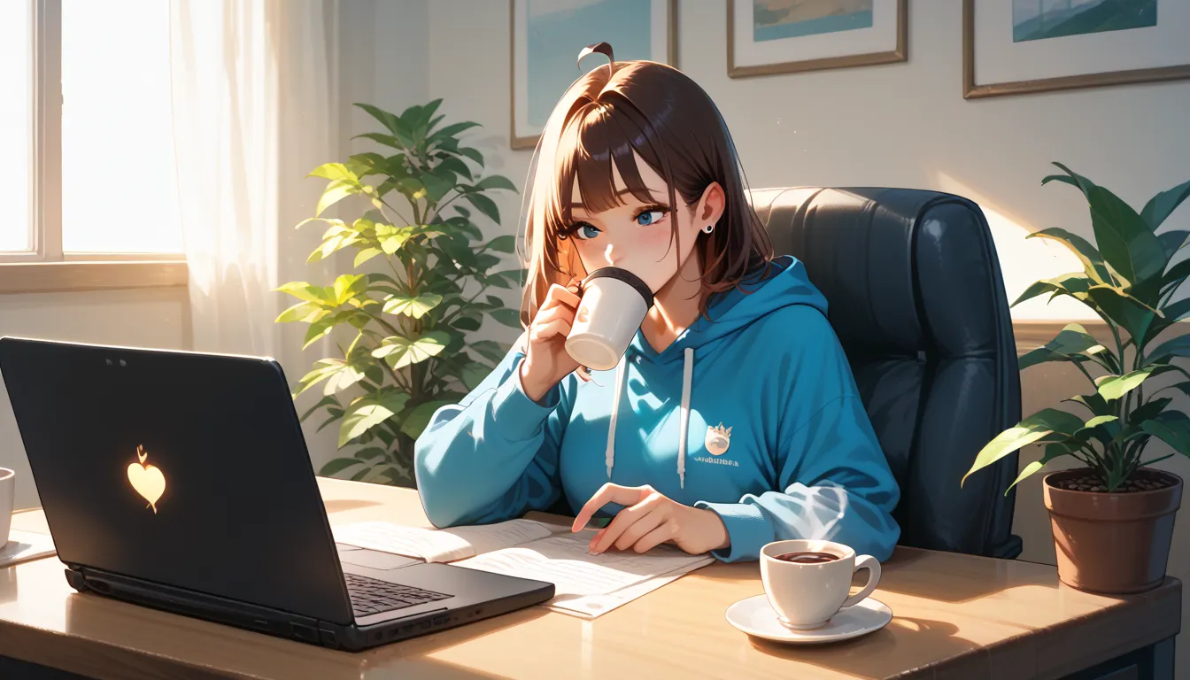 "A woman sitting at a large wooden table in a coworking space, concentrating on her laptop. She is wearing a comfortable hoodie and sipping on a cup of coffee. The modern office decor and soft lighting create an inspiring atmosphere."

