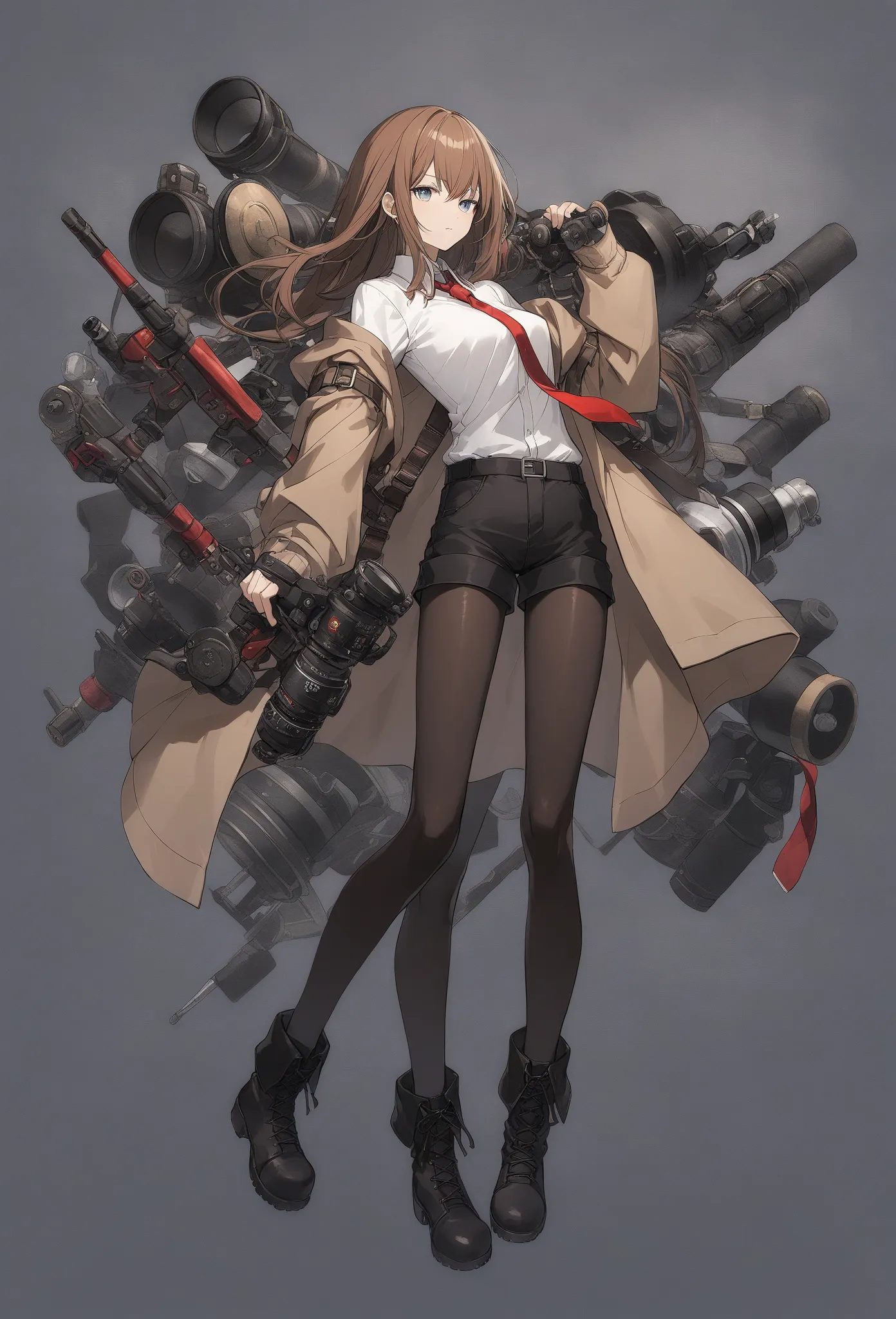 off shoulder,brown jacket,collared shirt,red necktie, black shorts, black pantyhose, black footwear,boots,background gear